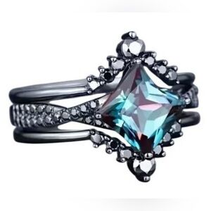 Princess Cut Alexandrite 3-Piece Ring Set with Moissanite in Rhodium • Size 7